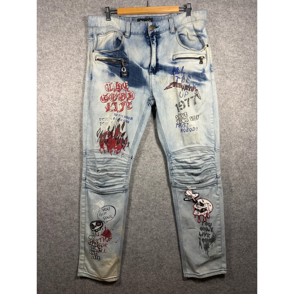 Cloud9 Limited Edition Mens Distressed Graphic‎ Moto Jeans Light Wash Blue 36x30
